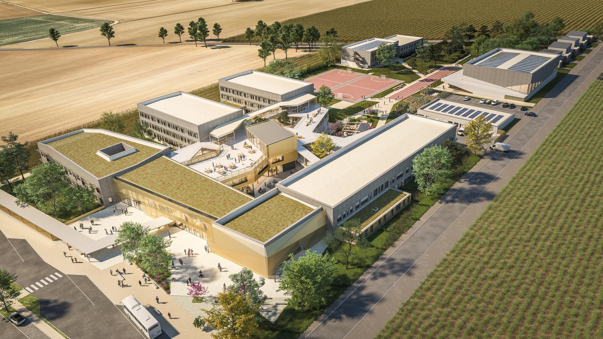 Perspective aérienne pour le projet du Lycée de Hanche