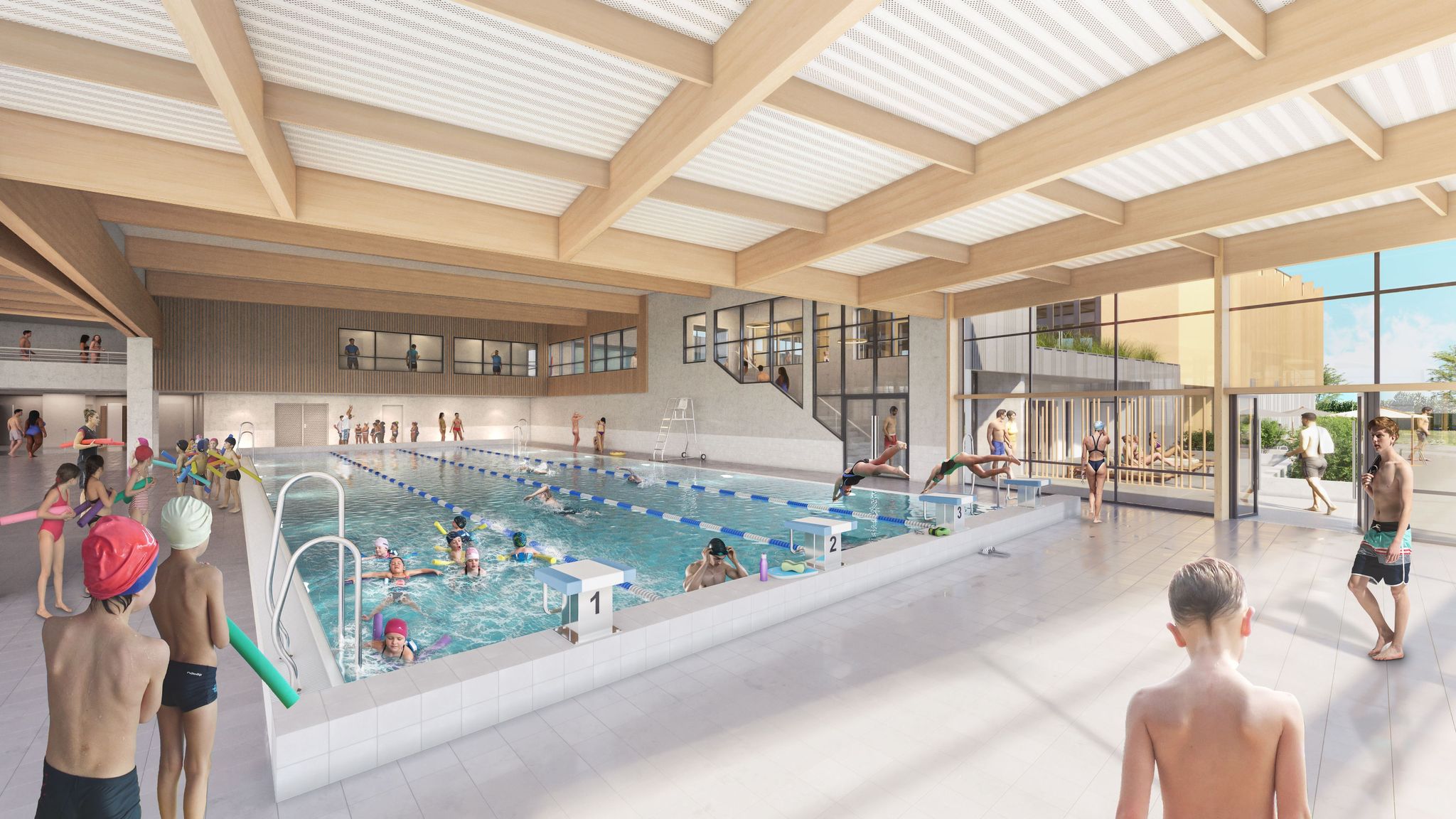 Perspective intérieure vue de la piscine pour le projet d'Extension de la piscine Béatrice Hess