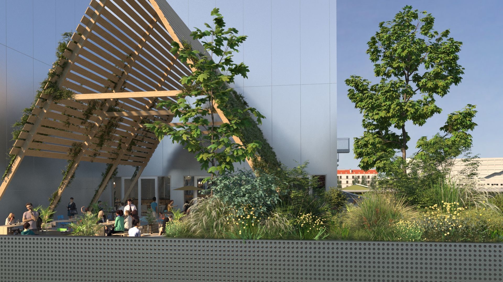 Capture du film séduction vue depuis le jardin sur toit pour le projet Arena Porte de la Chapelle