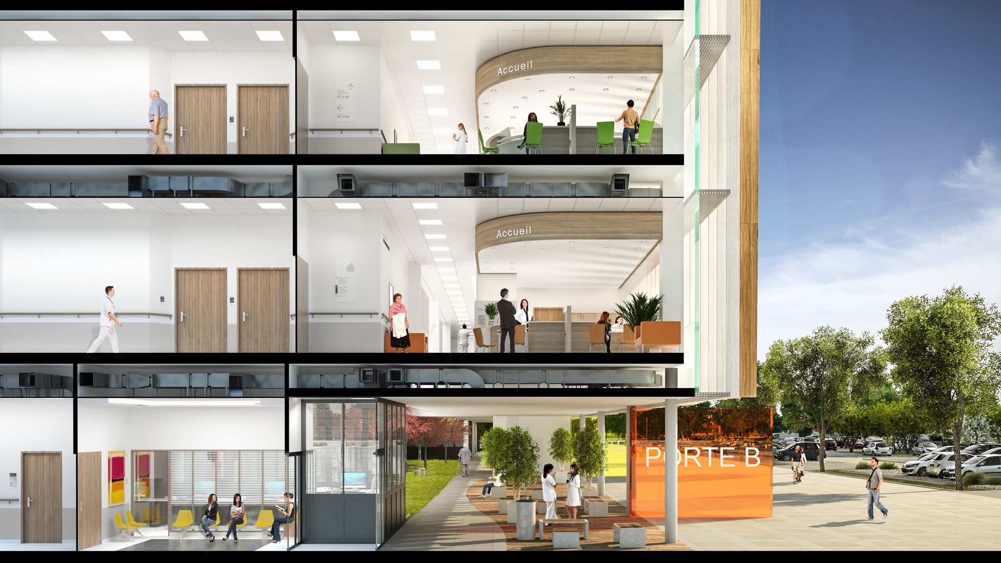 Perspective extérieure vue en coupe du bâtiment du projet Nouvel Hôpital de Lens