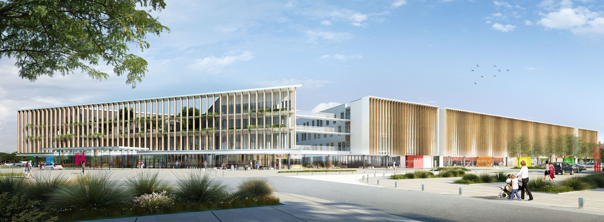 Perspective extérieure piétonne du projet Nouvel Hôpital de Lens