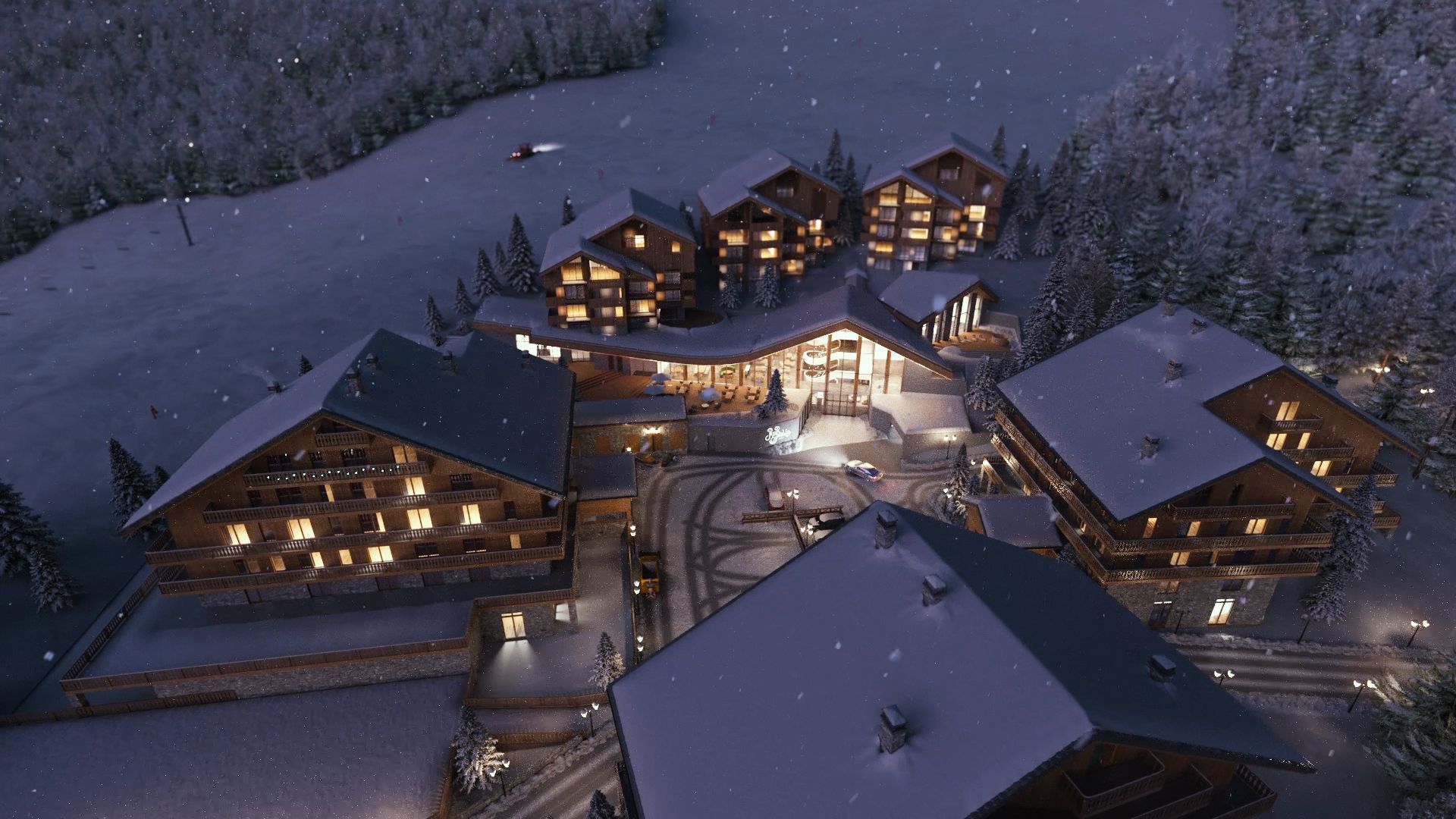Capture du film séduction vue aérienne du complexe avec une ambiance nuit sous la neige pour le projet de l'Hôtel Peter & Friends