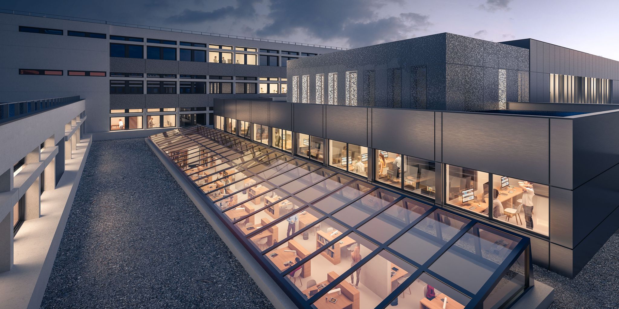 Perspective extérieure vue nuit pour le projet du Campus de Pessac