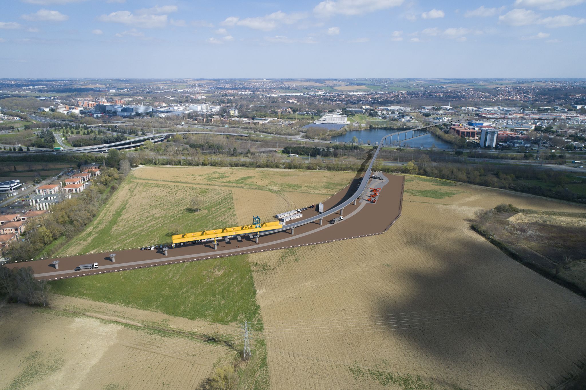 Perspective aérienne vue drone du projet Métro de Toulouse - Connexion Ligne B