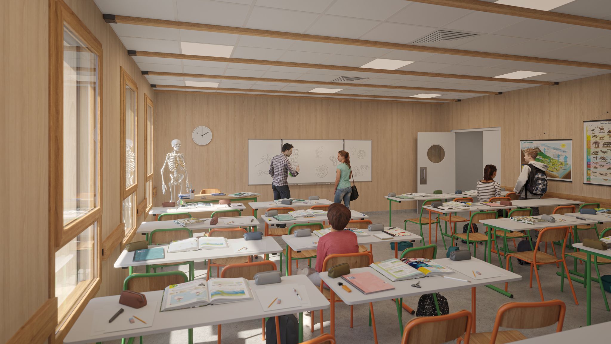Perspective intérieure vue d'une classe du projet Salle de classe modulaires en bois
