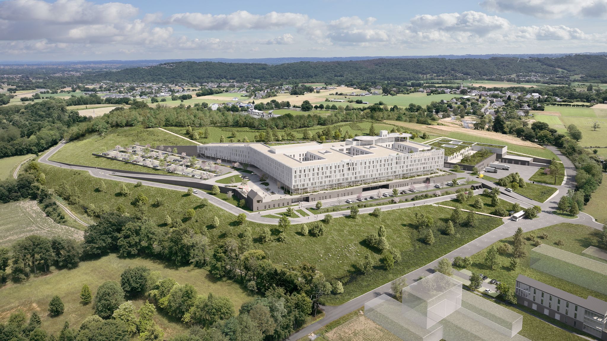 Perspective aérienne du projet Hôpital commun Tarbes-Lourdes
