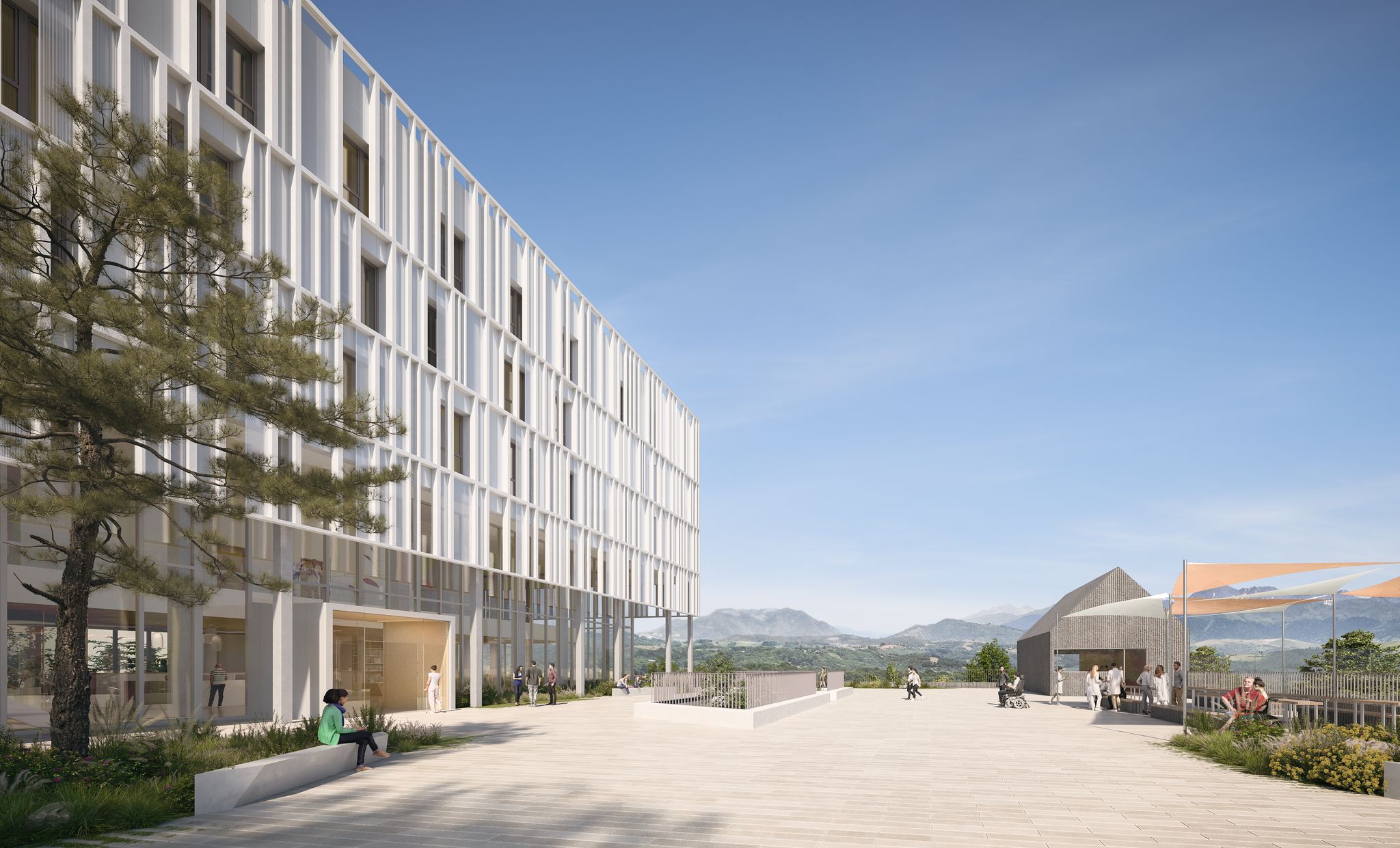Perspective extérieure piétonne du projet Hôpital commun Tarbes-Lourdes