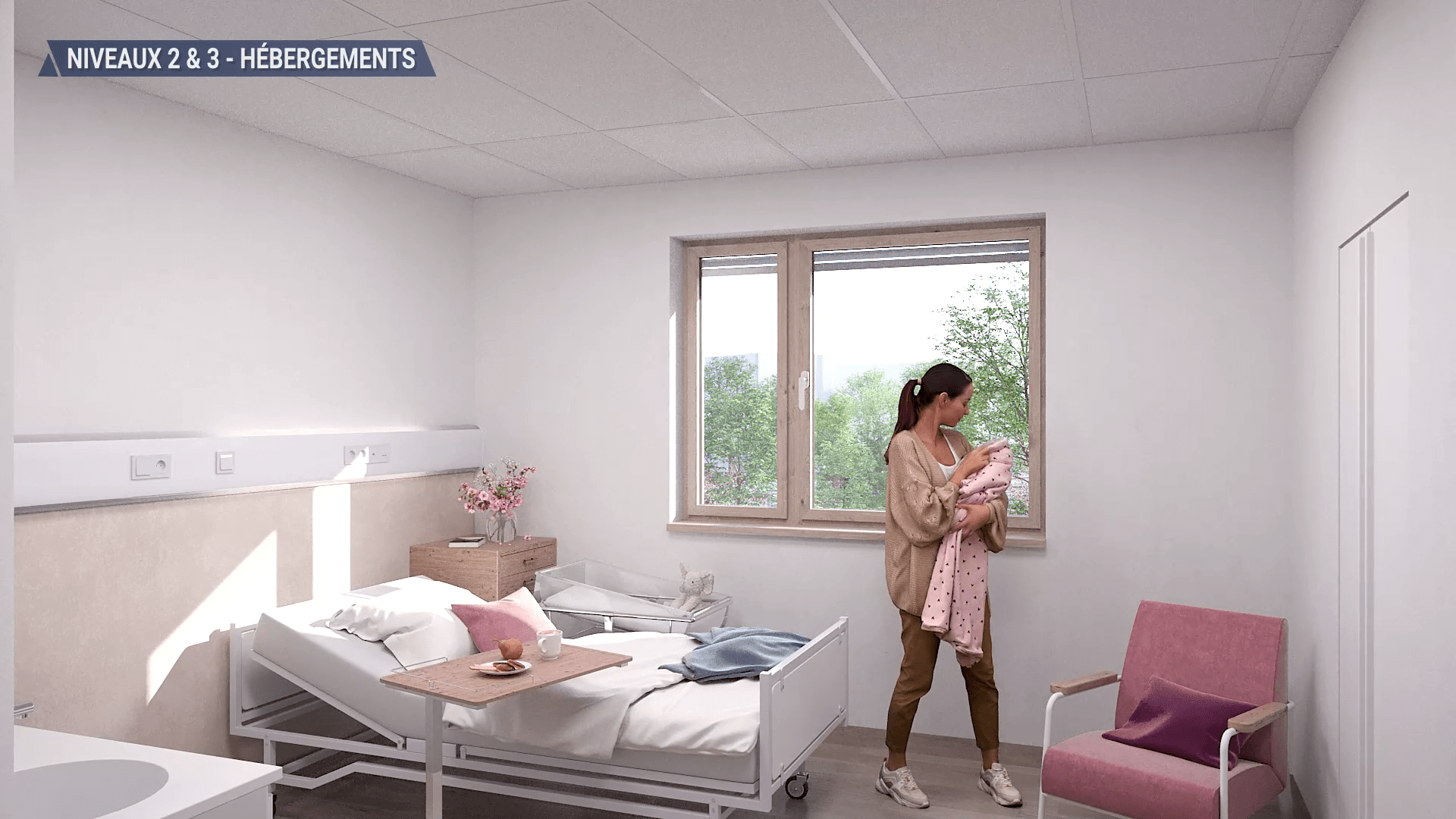 Capture du film séduction vue d'une chambre pour le projet du Nouvel Hôpital d'Argenteuil